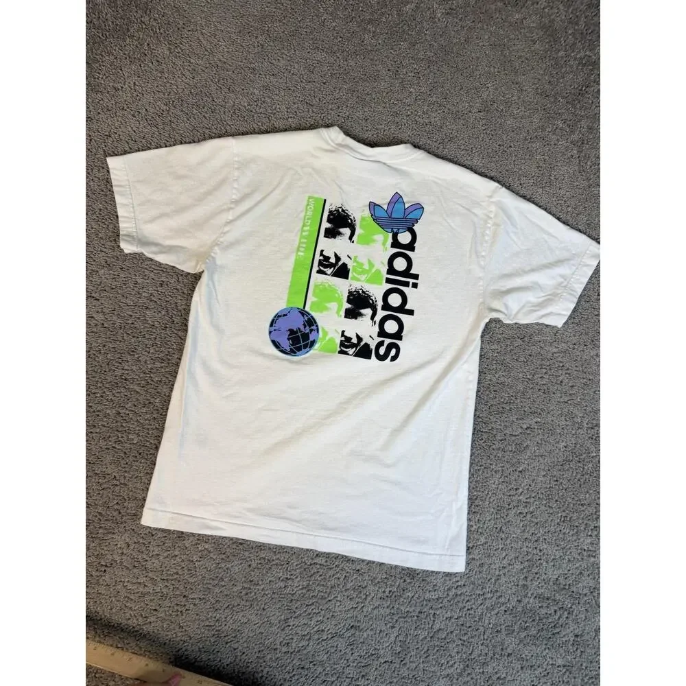 Adidas Shirt Mens M White World Wide Trefoil Logo Graphic Crew Neck Cotton